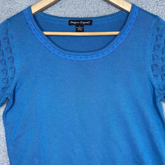 Minimalist Sweater Knit M Cottagecore Dainty Pointelle Blue SS 100% Cotton - Picture 2 of 14